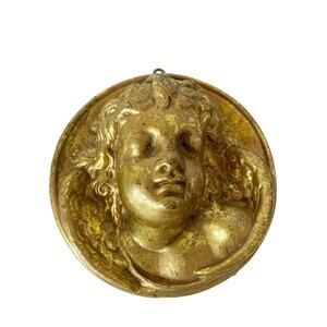 Vintage Gilded Gold Angel Ornament 5" Circle 3D Relief Christmas Blow Mold